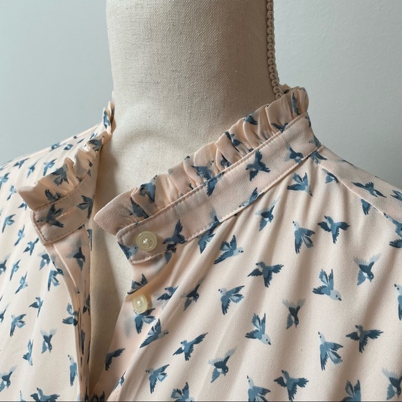 LOFT Bird Print Button Front Ruffle Neck Blouse Light Pink Blue - Picture 8 of 12